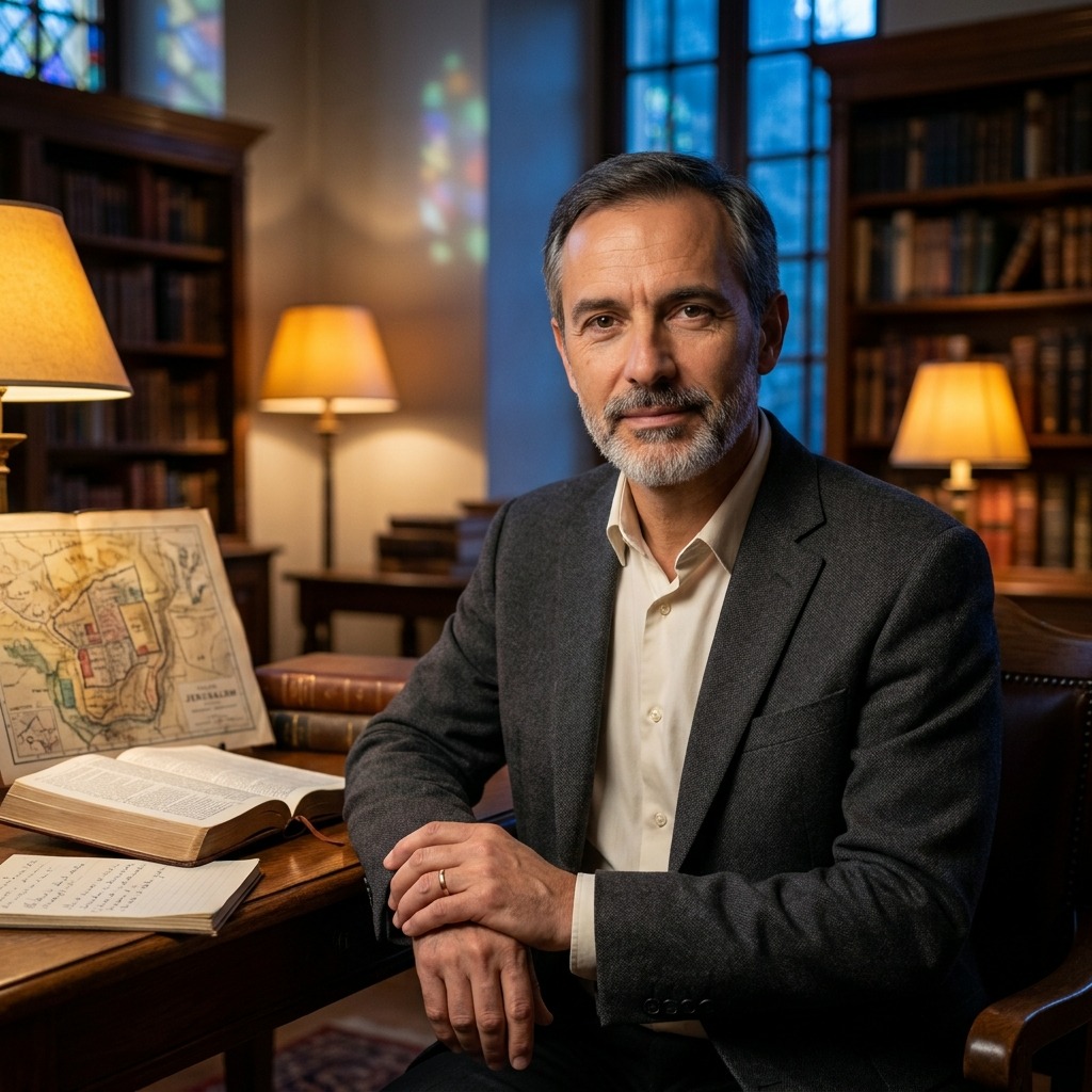 Pasteur Gabriel Moreau dans son bureau, auprès d’une Bible ouverte
